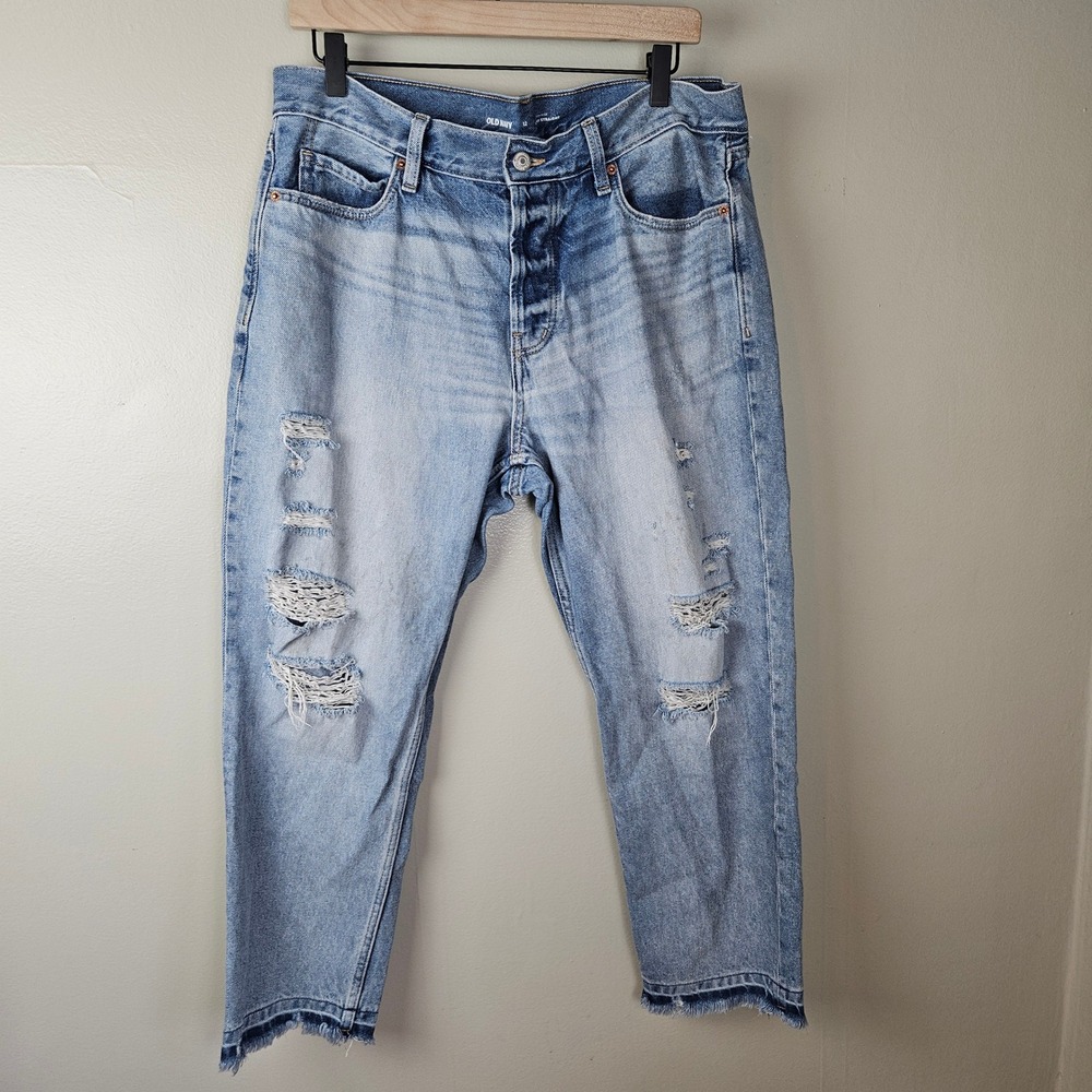Old‎ Navy High Rise Slouchy Straight Cropped Jeans Sz 12 Distressed Button Fly